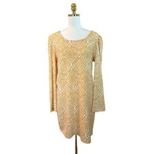 Nico LA Geometric Cotton Knit Mini Dress Large Boho Gathered Sleeves Mustard NWT